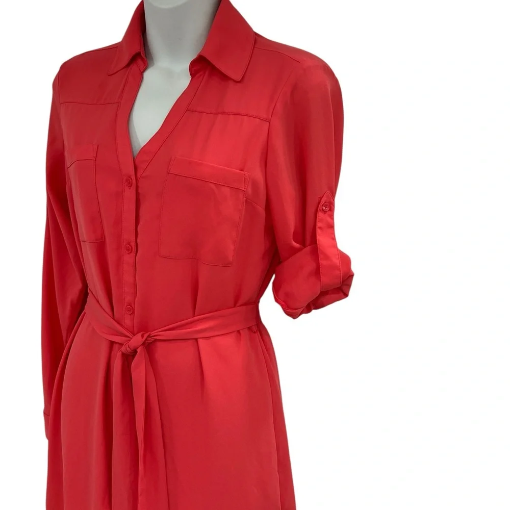 Express Red Long Sleeve Notched Collar Shirt Dress size XS Extra Small Summer